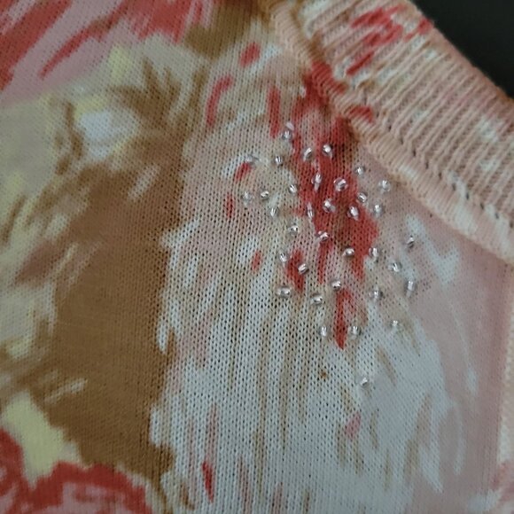 Talbots Womens Floral Cardigan Sweater L Beige & Pink Beaded Accents - Picture 3 of 9